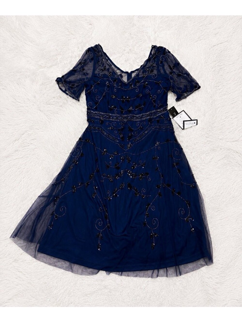 Beaded Sequin A-Line Midi V-Neck Zip Dress Size 14